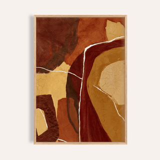 Framed Abstract Earth Tones Print with brown and ochre shapes and white lines