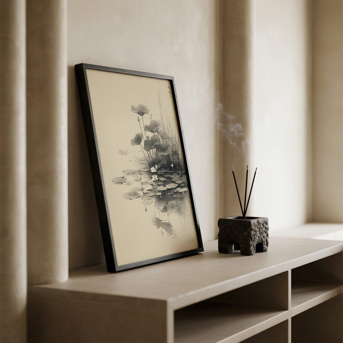 Ink-painted lotus flower wall art with delicate pond reflections.