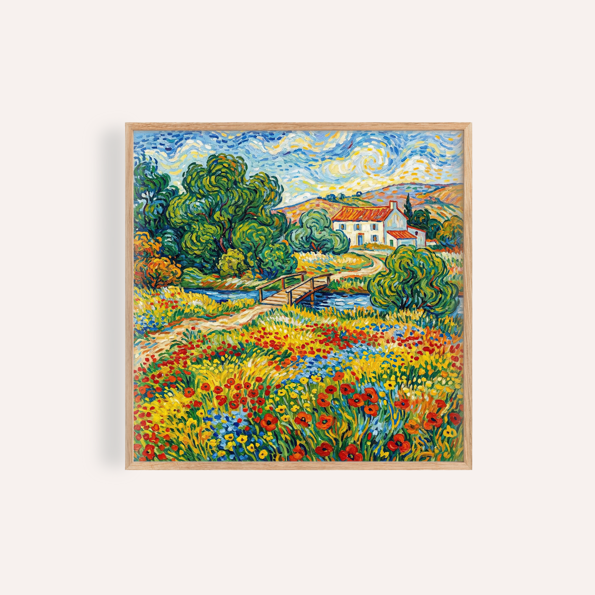 Framed print close-up of Vibrant Landscape Art showing a wildflower meadow with bridge and house in vivid colours