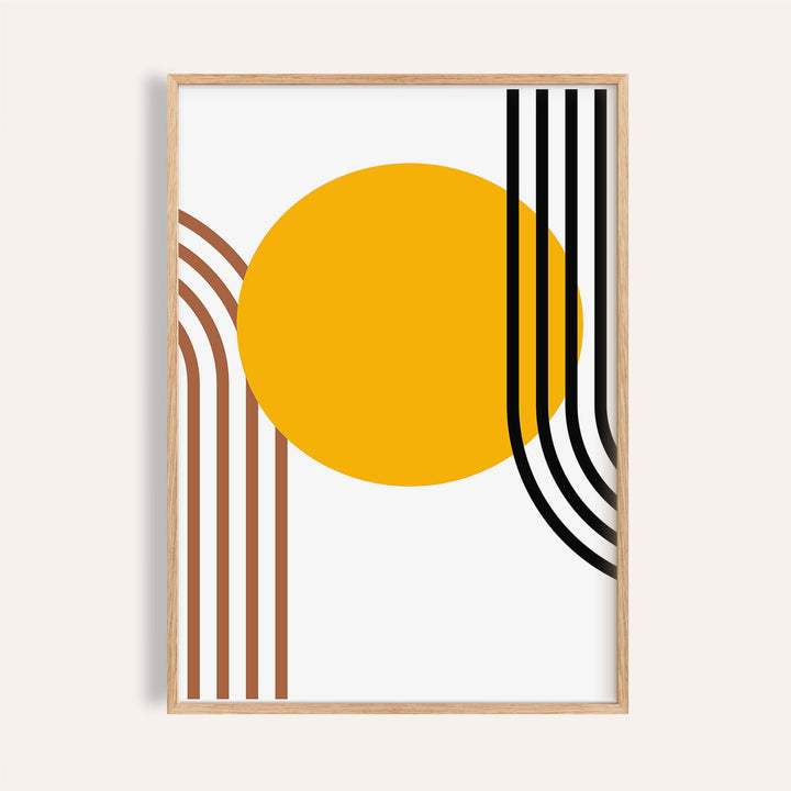 Framed Bauhaus Sun Print with orange sun circle and curved lines in brown and black