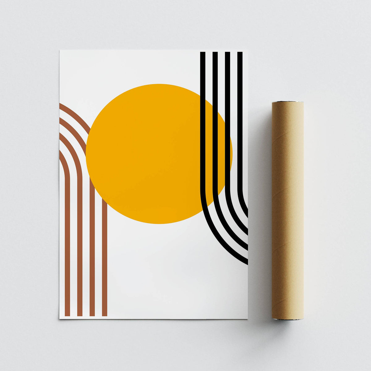 Bauhaus Sun Print showing a minimalist design with an orange sun circle and curved lines next to a packaging tube