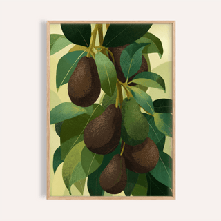 Framed avocado wall art showing hanging avocados with green leaves in an illustration style