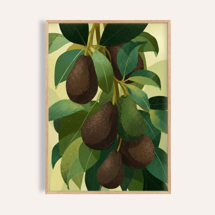 Framed avocado wall art showing hanging avocados with green leaves in an illustration style