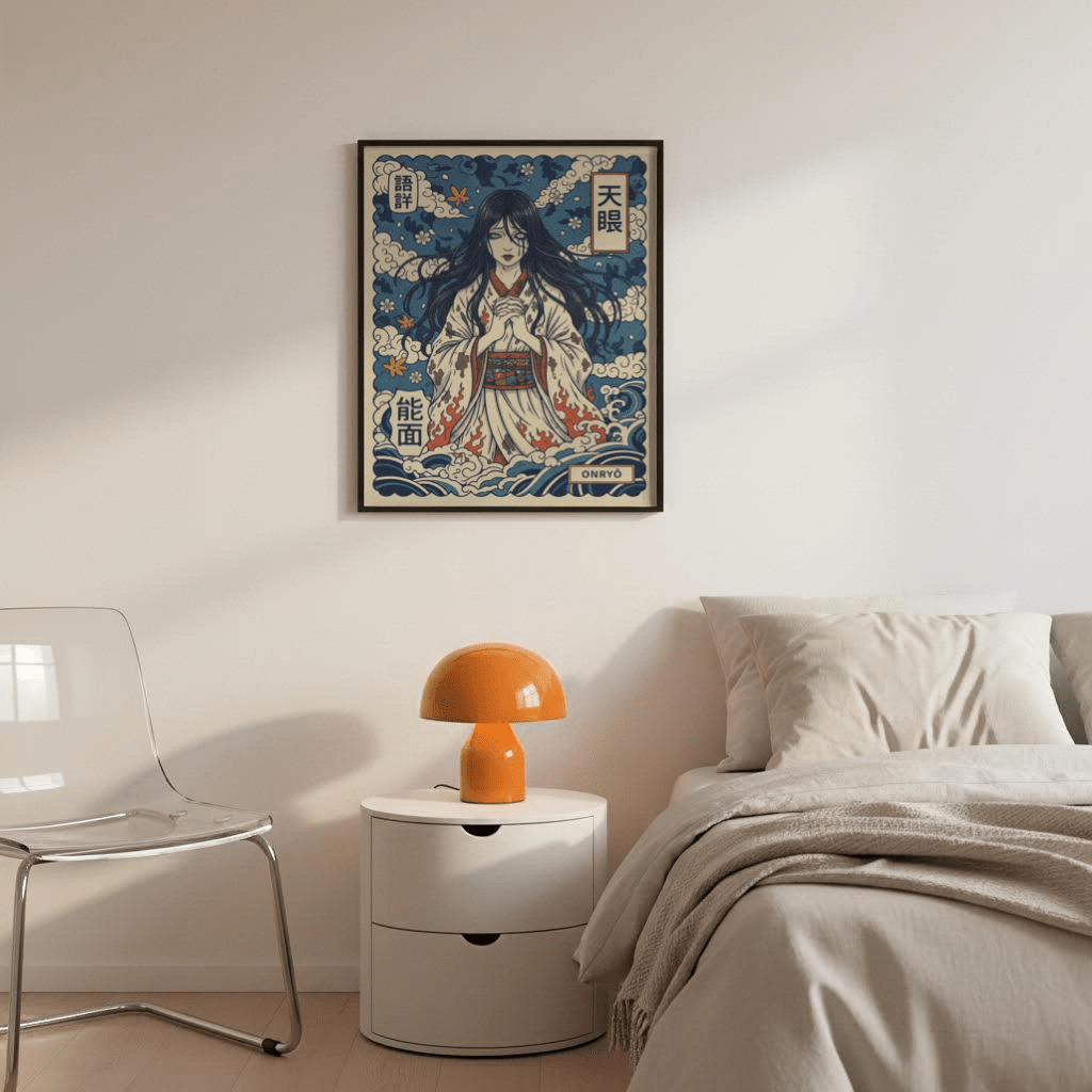 Japanese Ghost Print hanging above a bedside table with an orange lamp in a bedroom