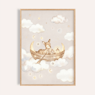 Framed Cute Nursery Wall Art featuring a deer and rabbit in a boat among clouds and stars
