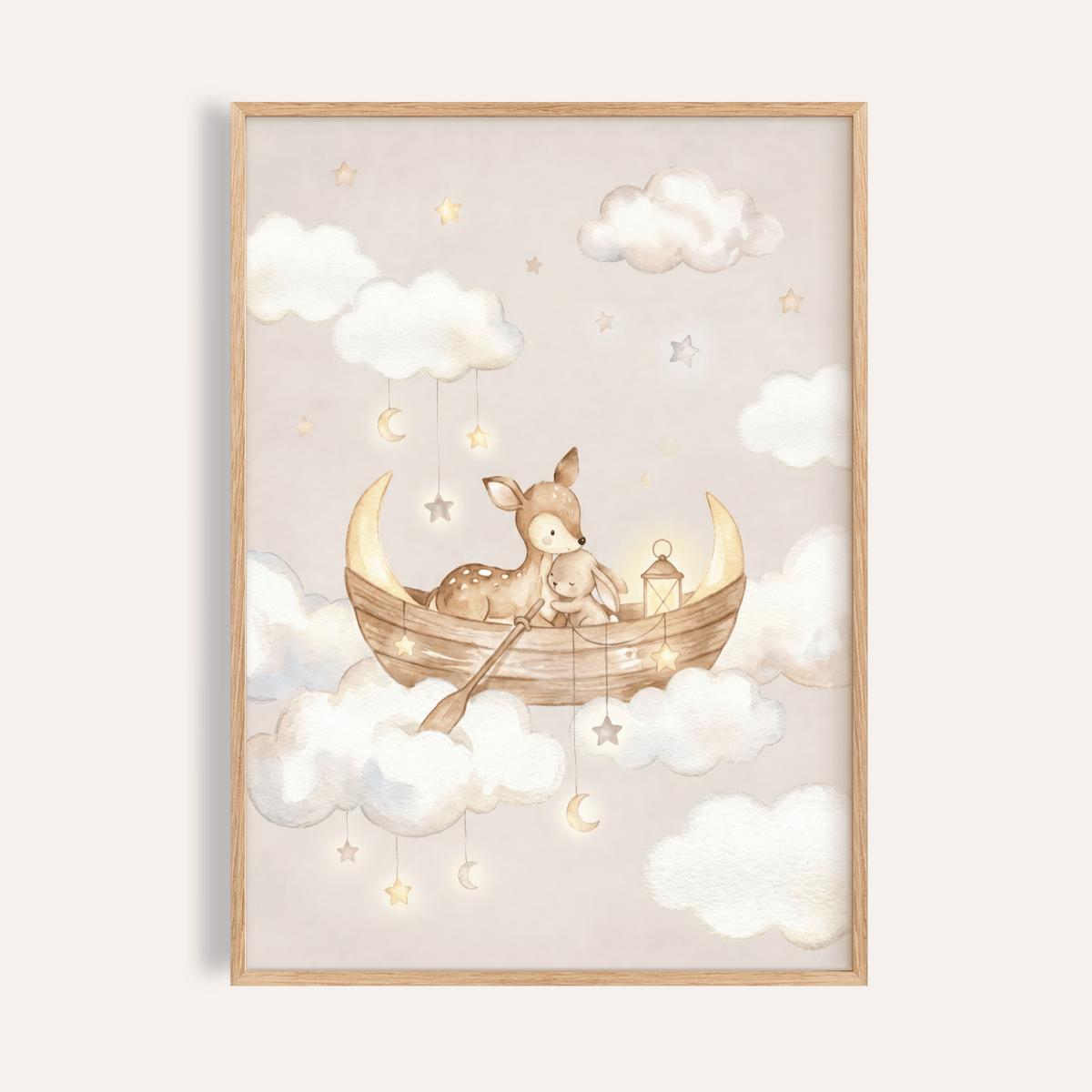 Framed Cute Nursery Wall Art featuring a deer and rabbit in a boat among clouds and stars