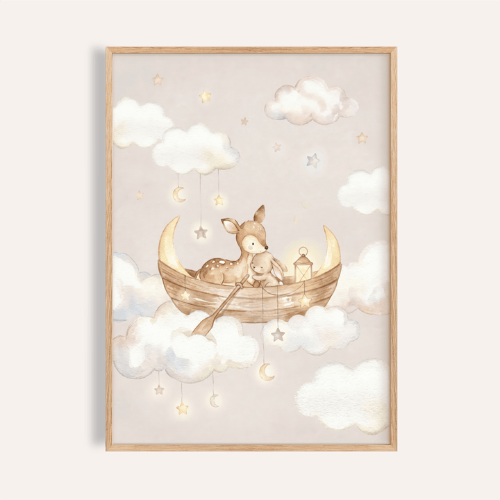 Framed Cute Nursery Wall Art featuring a deer and rabbit in a boat among clouds and stars