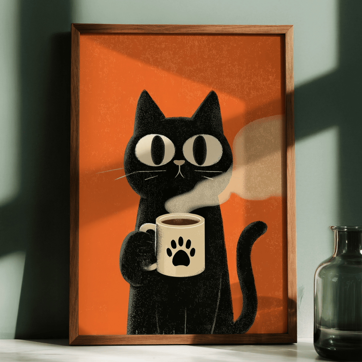 Framed Cat Coffee Mug Print of a black cat holding a mug with a paw print next to a glass jar