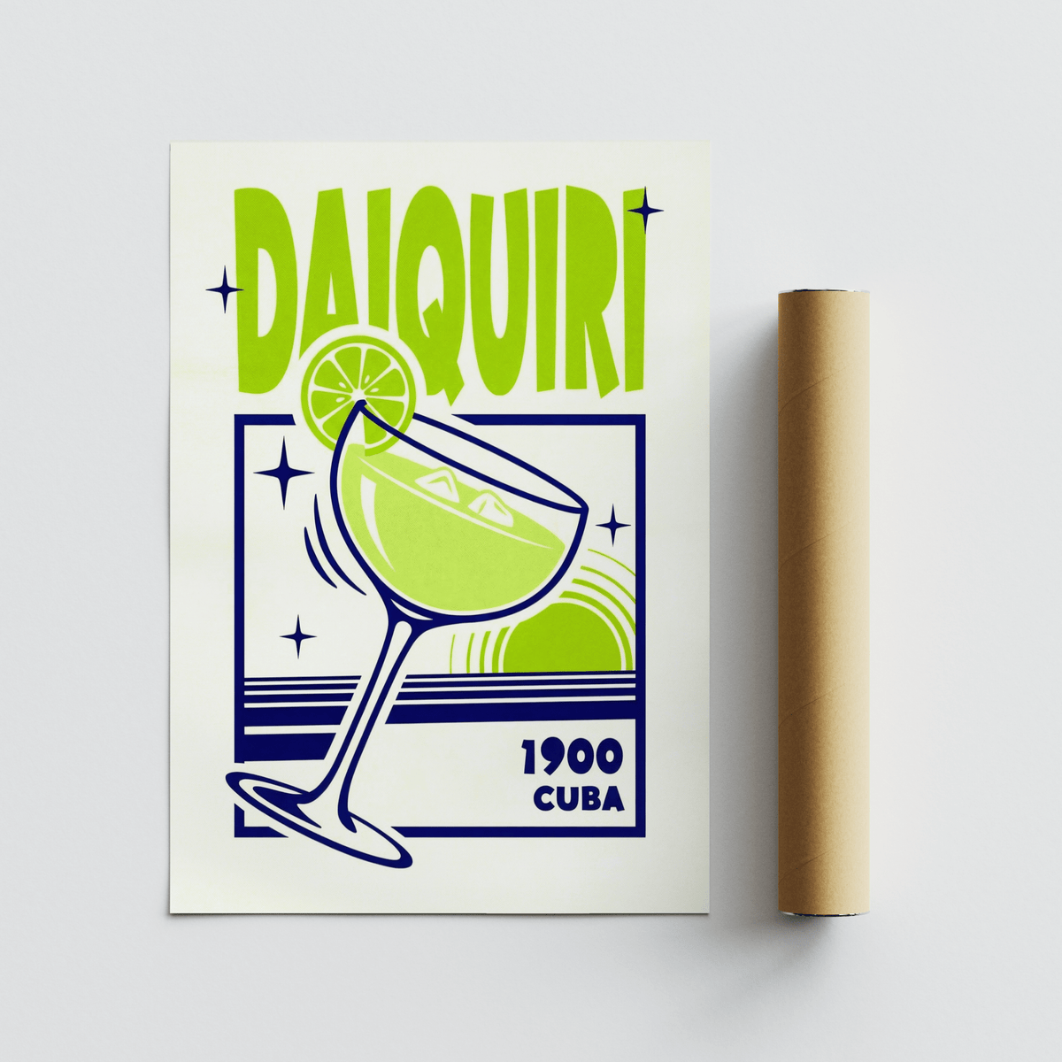Daiquiri Art Print of a minimalist cocktail glass in lime green and navy with text alongside a brown packaging tube