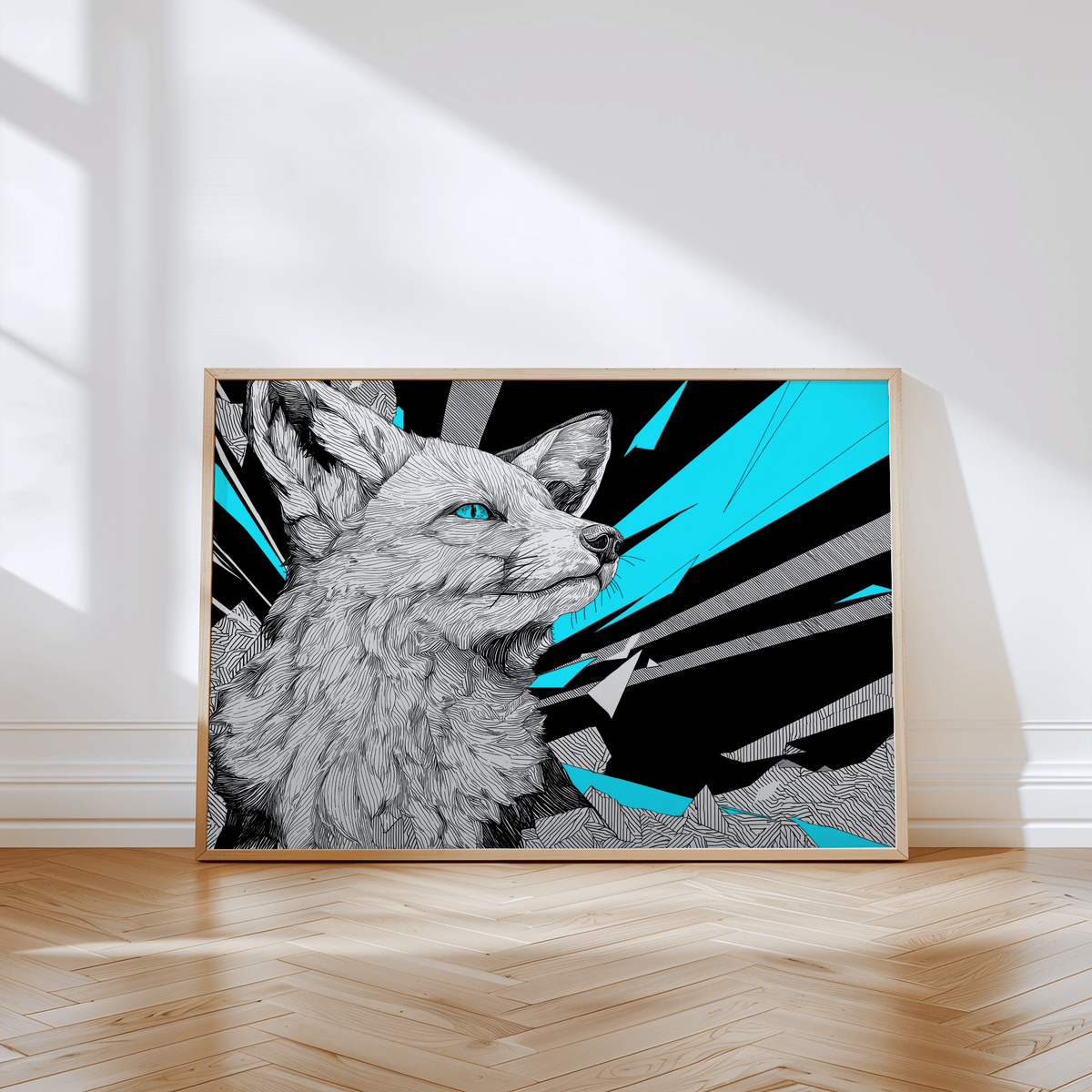 Print leaning on floor of a retro fox art print with blue eyes and abstract lines in black and cyan