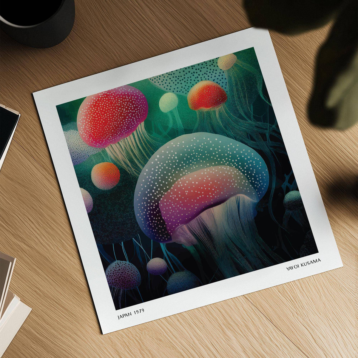 Close-up of Ocean Prints showing glowing jellyfish illustration in red and green tones on a wooden surface