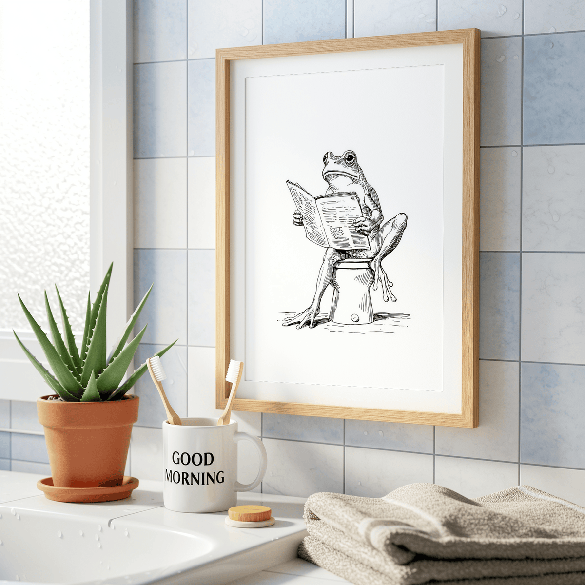 Framed Reading Frog Art Print in line-art style on a tiled wall with plant and toothbrushes