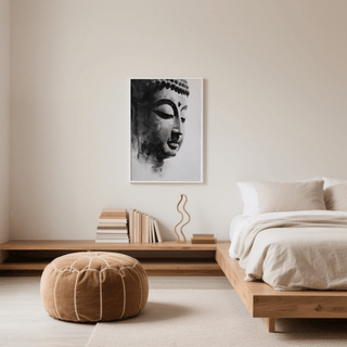Buddha art print watercolour illustration in black and white above a wooden shelf and round cushion