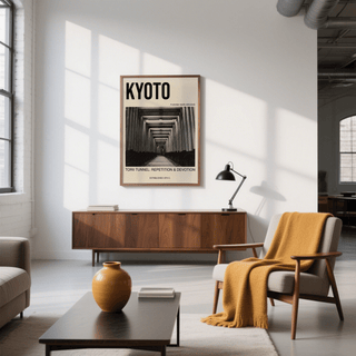 Kyoto Torii Tunnel Art Print in black and white above wooden sideboard in a living room