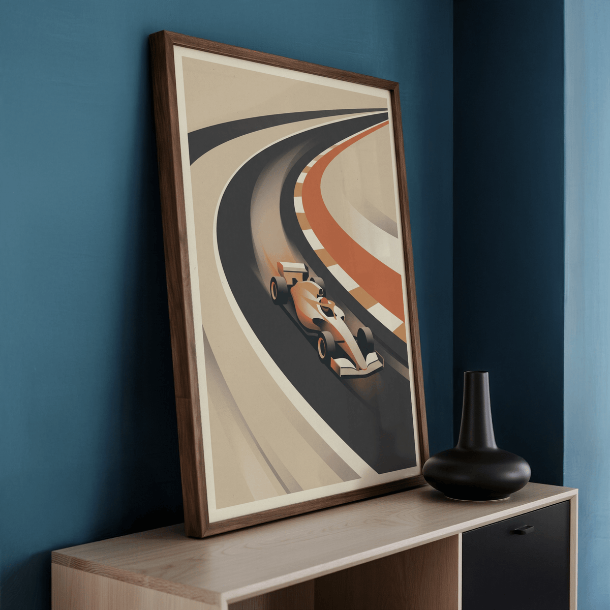 Vintage Motorsport Poster leaning on a sideboard with a black vase in a blue corner