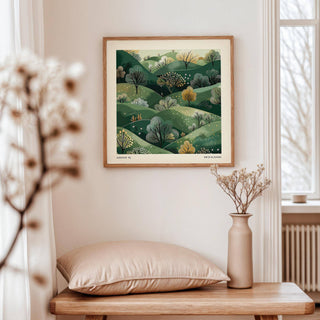 Large nature wall art of green hills and trees in minimalist botanical illustration style hung above a wooden bench with a cushion and vase