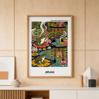 Japanese Frog Art Print framed close-up of decorated frogs on lily pads with vibrant colours and a wooden wall background
