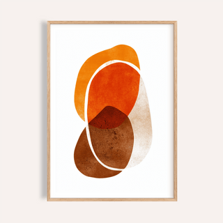 Framed print close-up of orange shapes art print with overlapping earthy tones and white outline