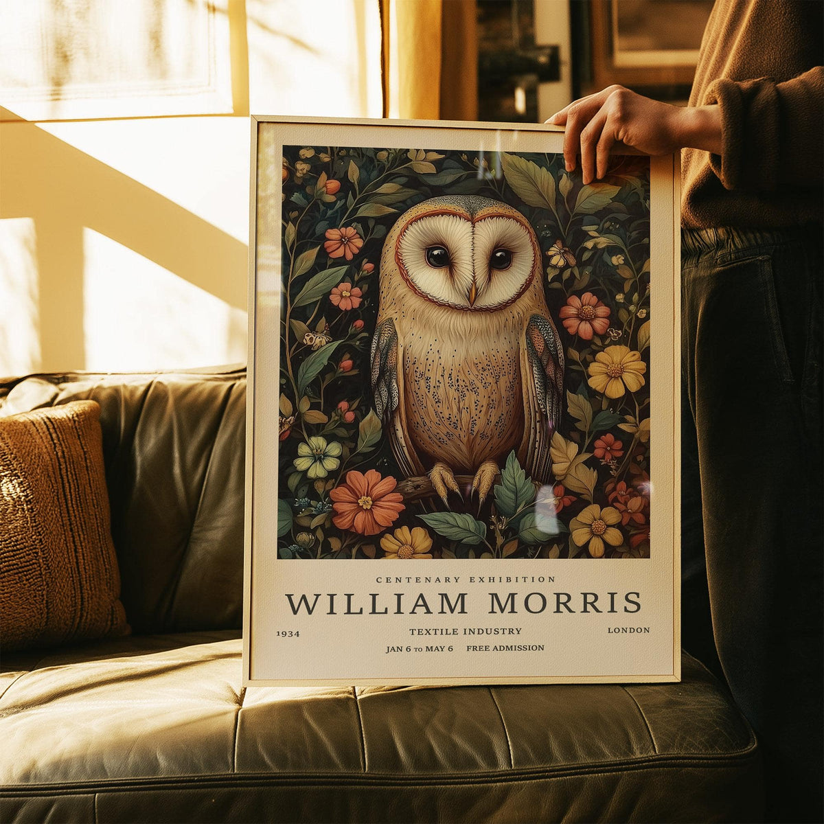 Framed Owl Prints with barn owl illustration and floral botanical style on a sofa