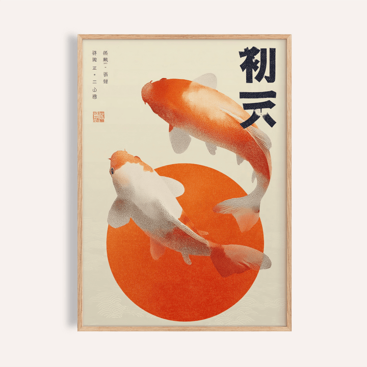 Close-up of Koi Fish wall art showing two orange and white koi fish with Japanese-ink style