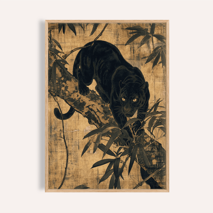 Jungle wall art of a black panther on a tree branch with dark leaves in Japanese ink style