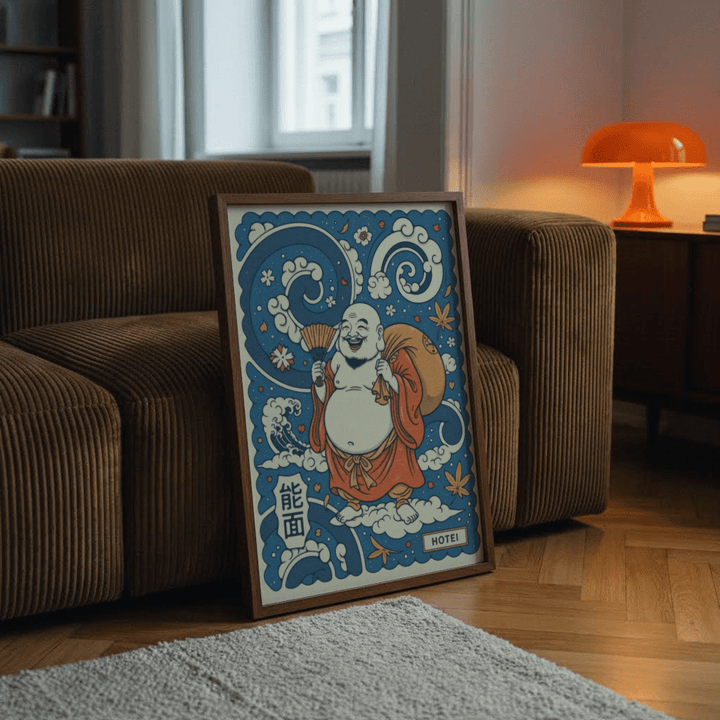 Print leaning on a sofa showing joyful hotei art with blue and orange colours and Japanese-ink style