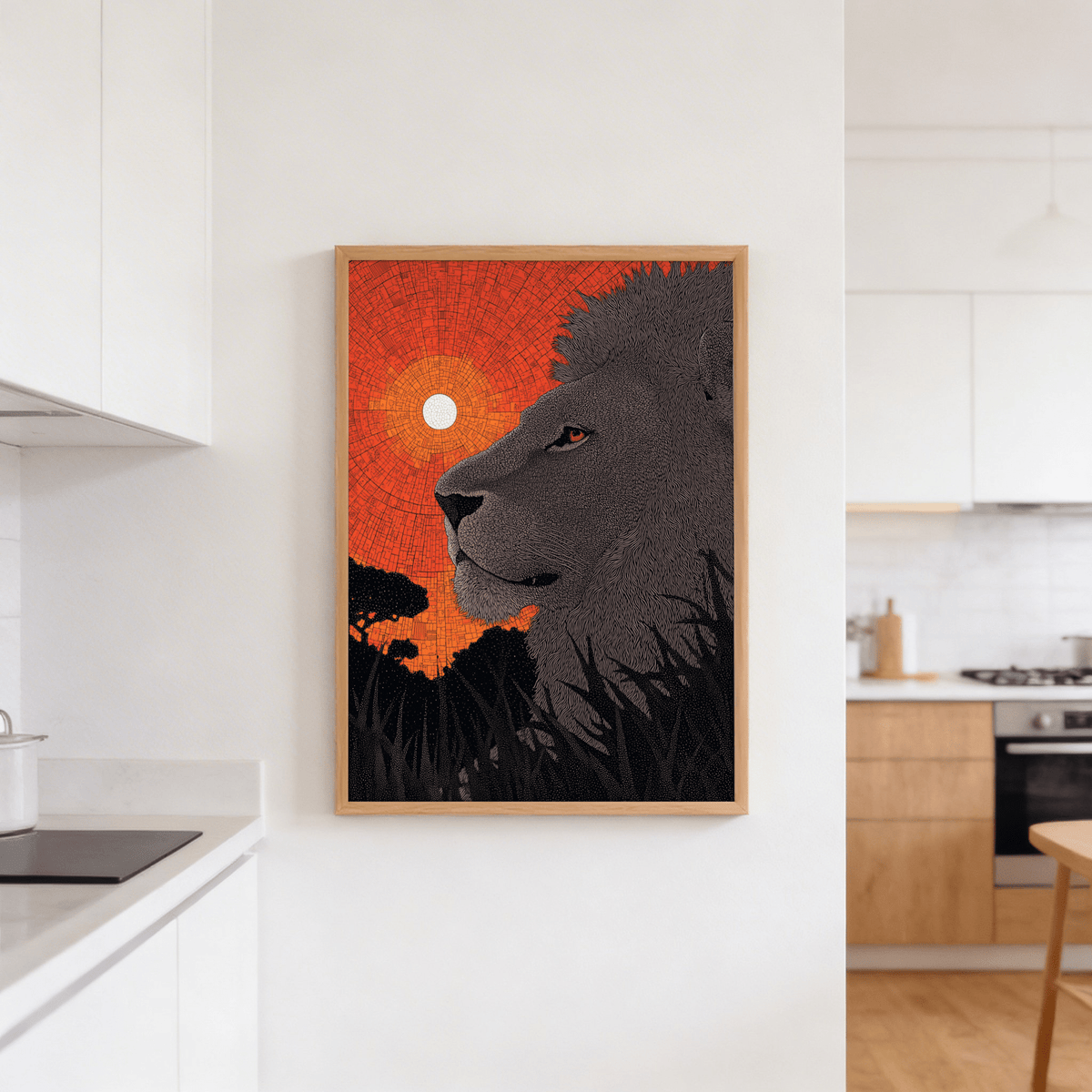 African Landscape wall art of a lion face silhouette with orange and black colours in a kitchen