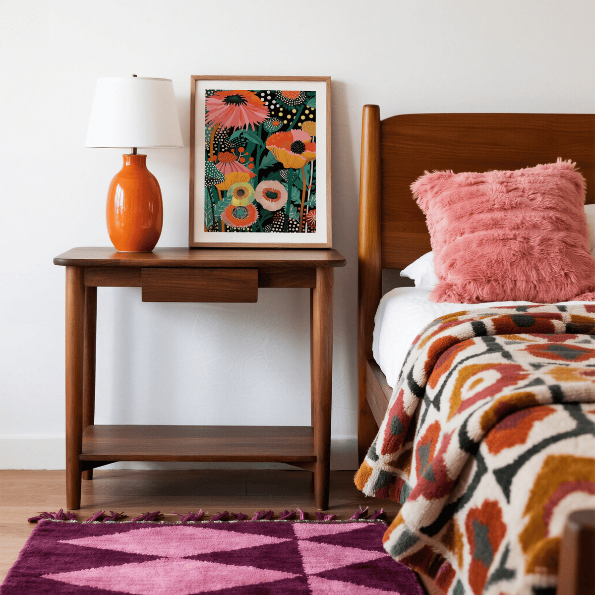 Print of tropical wall picture with colourful flowers leaning on a wooden bedside table with an orange lamp