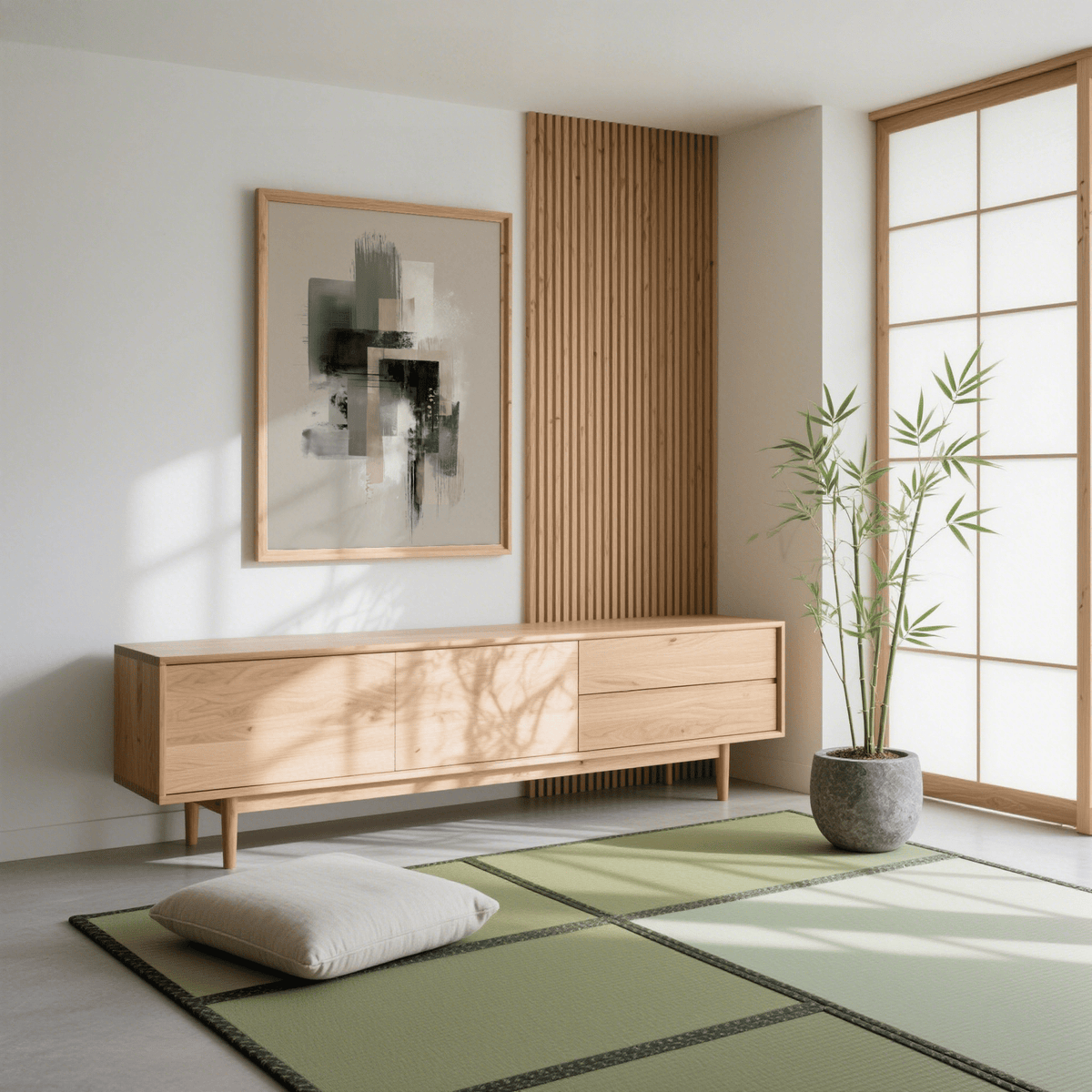 Modern Abstract Poster print with grey and beige geometric shapes hanging above a wooden sideboard in a minimalist room
