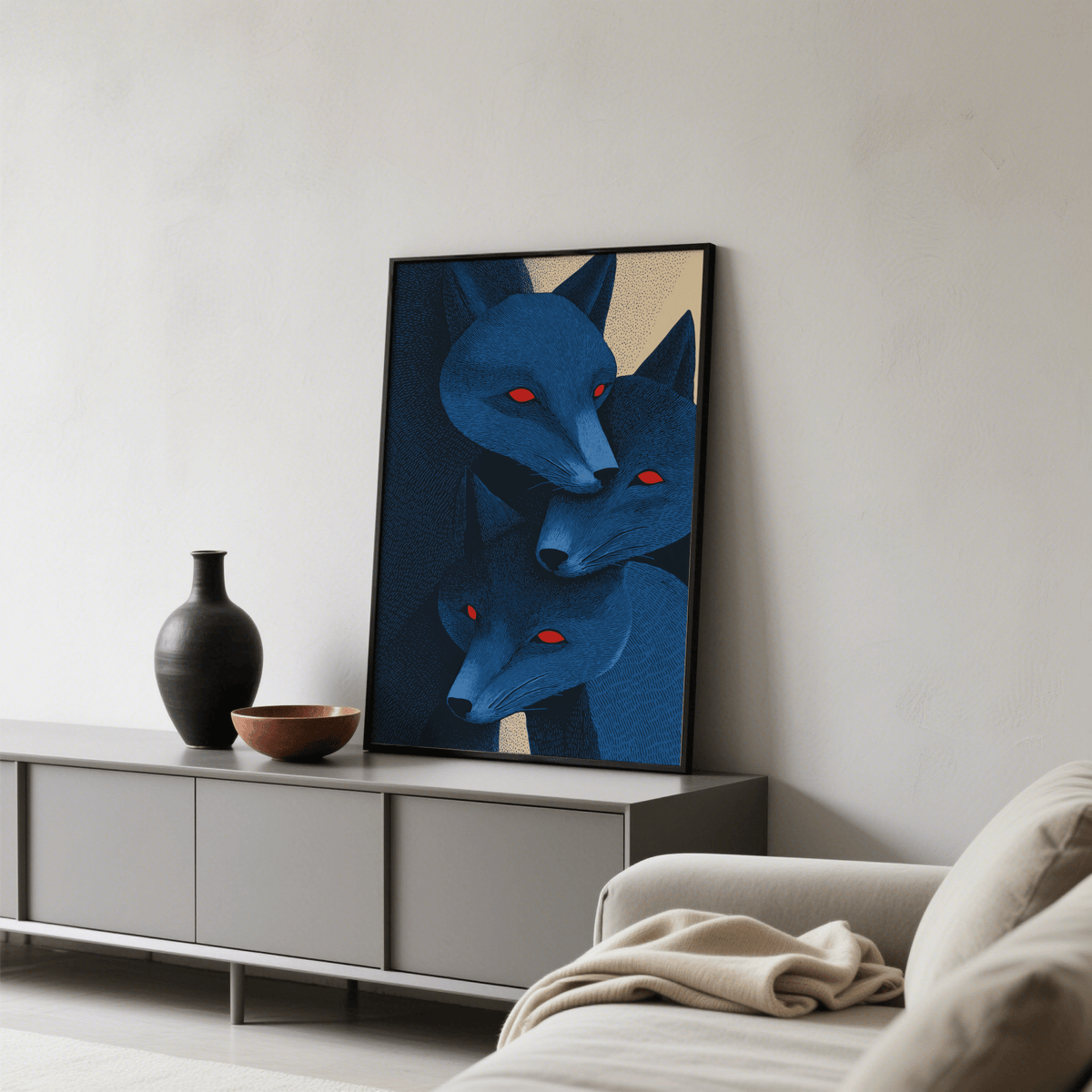 Print leaning on a shelf showing blue fox heads with red eyes and dark backgrounds near a decorative vase