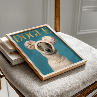 Fashion Dog Poster framed print with a grey dog in a cream knit hat on a grey textured chair