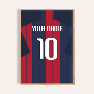 Framed print close-up of football shirt poster in navy and red stripes with number 10