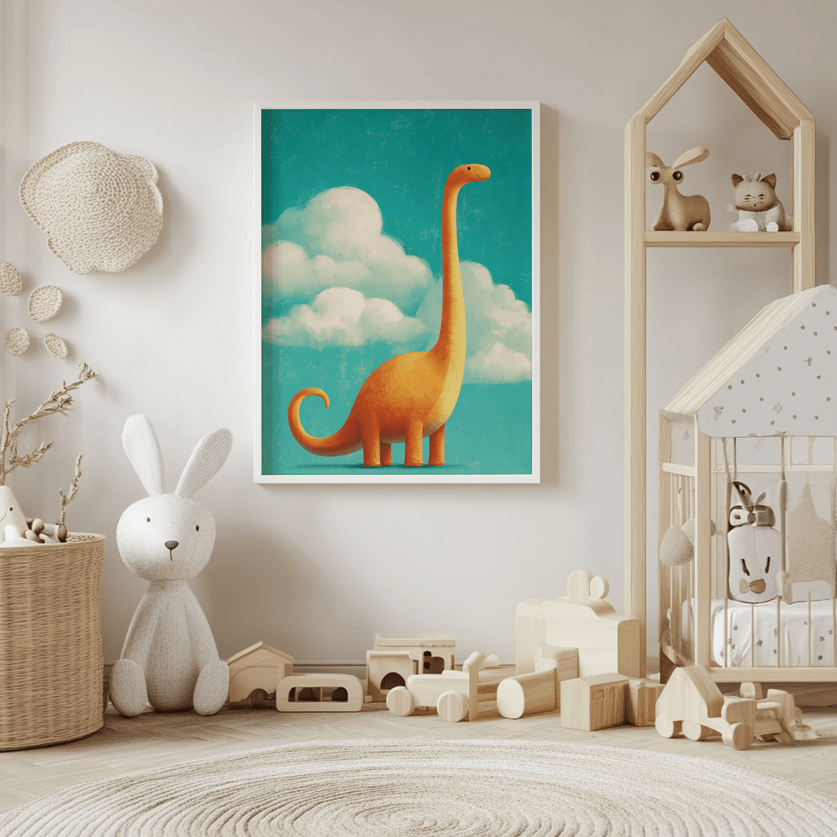 Nursery Room Poster of a smiling orange brontosaurus with clouds in the background in a nursery with toys and soft furnishings