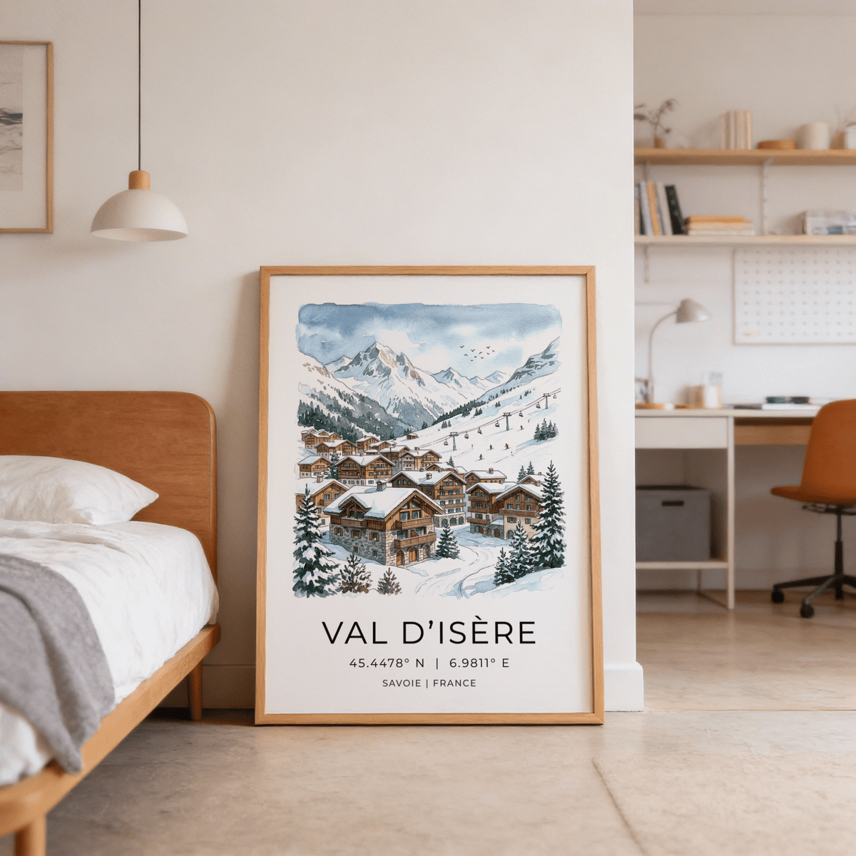 Winter Landscape Art Print leaning against a wall with a pine cone on the floor in a bedroom