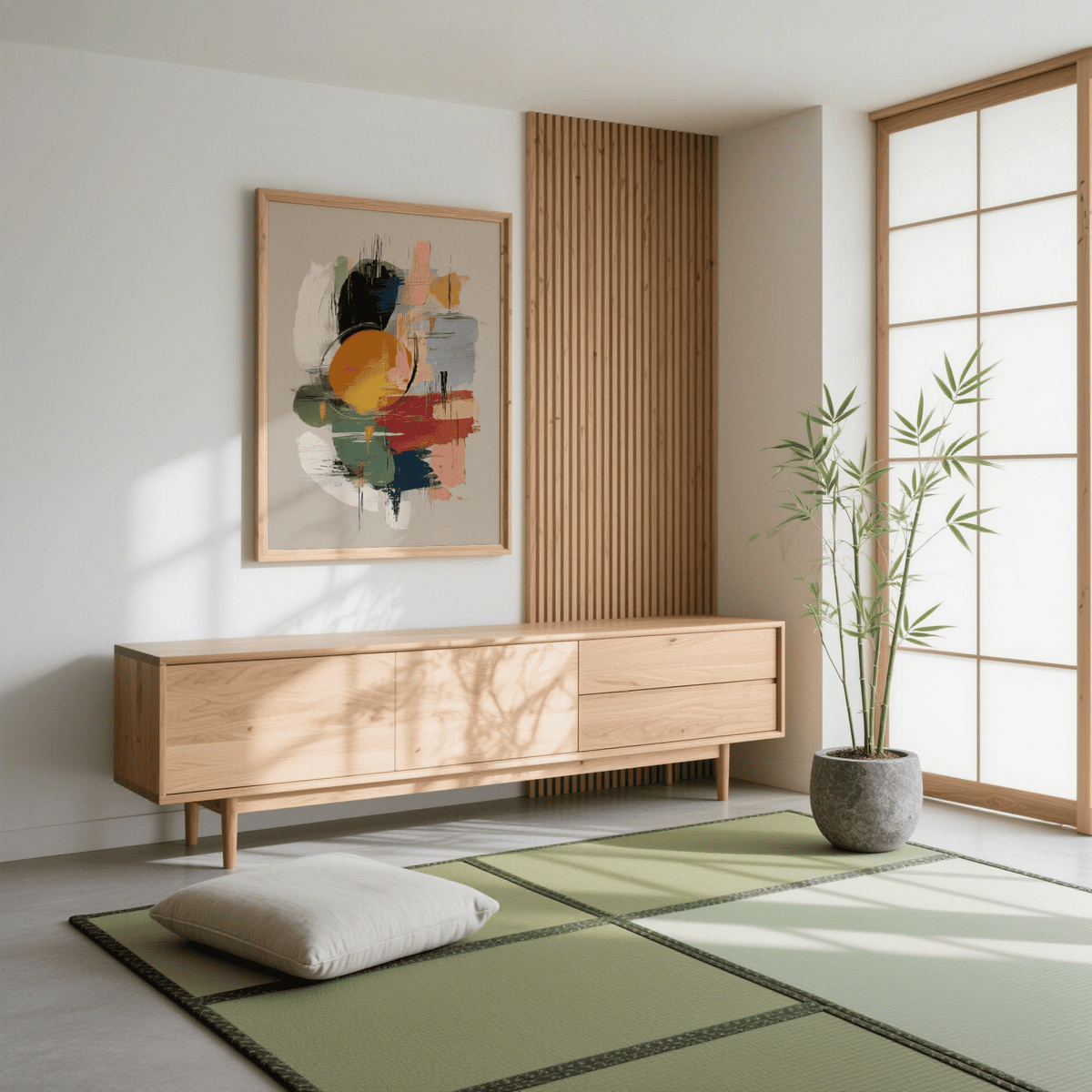 Colorful Art Poster print with abstract paint strokes in soft shades above a wooden sideboard in a minimalist room