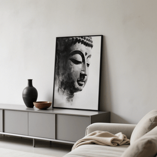 Buddha Art Print leaning on a grey sideboard next to a black vase and terracotta bowl in a neutral lounge