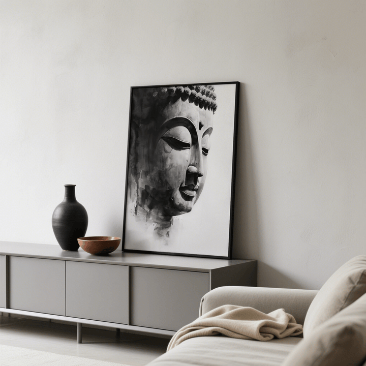 Buddha Art Print leaning on a grey sideboard next to a black vase and terracotta bowl in a neutral lounge