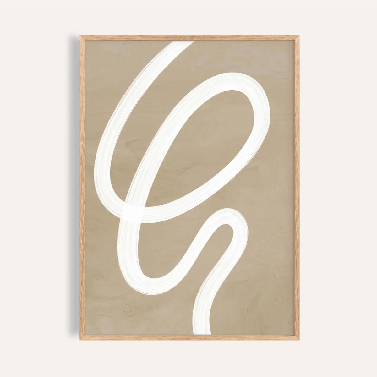 Abstract Painting Minimalist with white curved line on beige background in a wooden frame