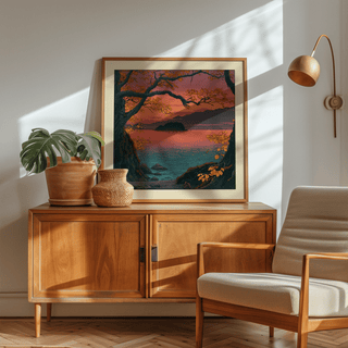 Print leaning on a wooden sideboard showing a lake with autumn trees in Japanese woodblock style with reds and blues in a sunlit room