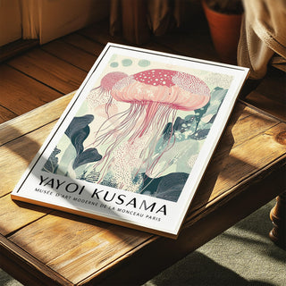 Sea Animal wall art close-up of a pink jellyfish illustration with botanical details on a wooden table