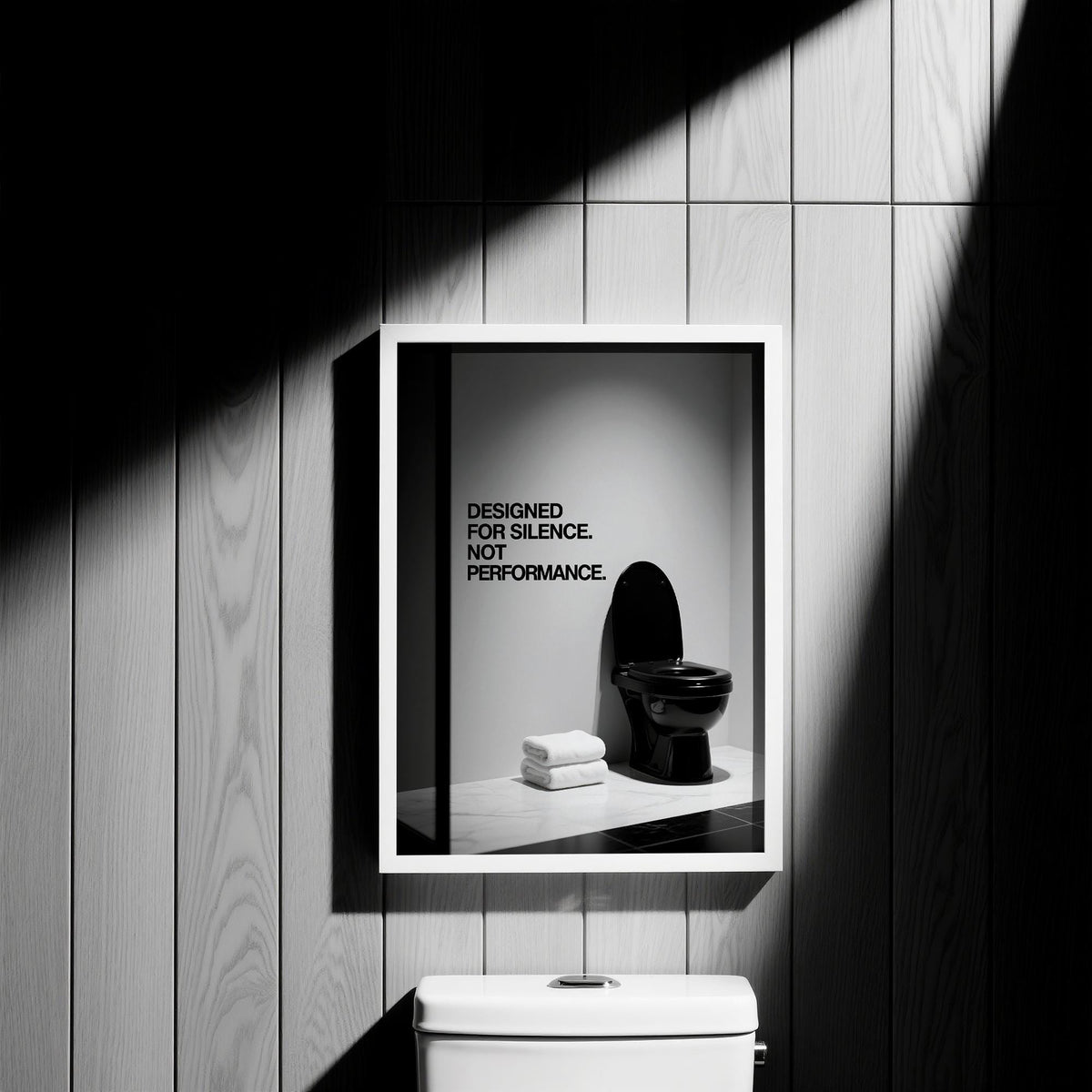 Framed funny toilet wall art featuring a black toilet and folded towels in black and white