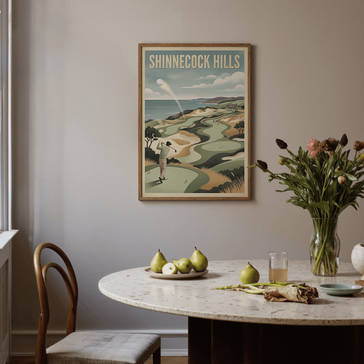 Long Island Golf Art Print framed on a wall above a dining table with fruit and plants