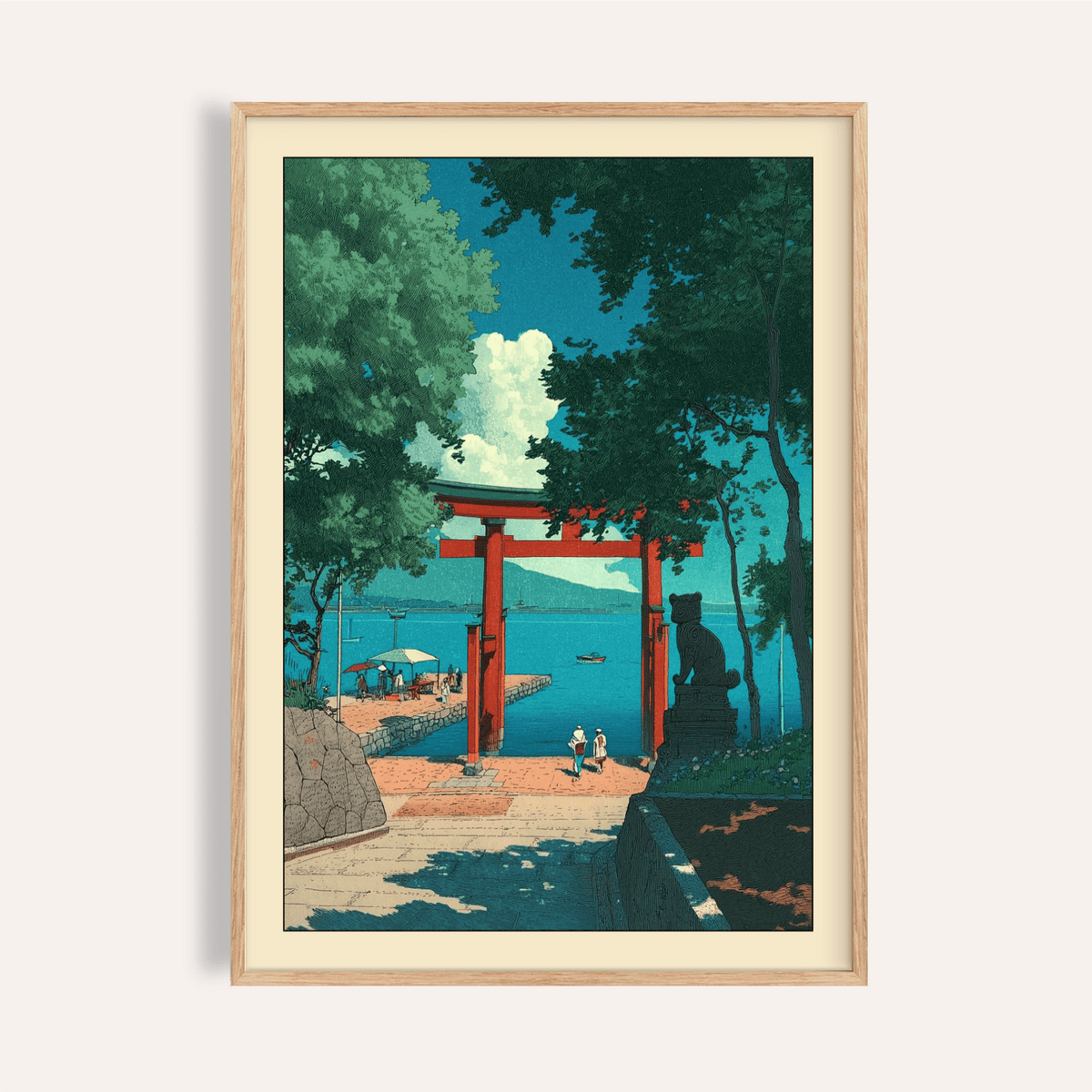 Framed print of Hasui Kawase Woodblock Style Print featuring a red torii gate by the sea with green trees and blue sky