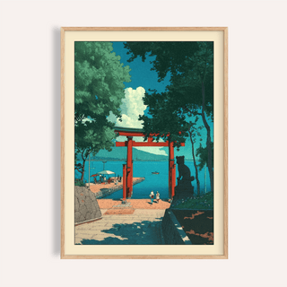 Framed print of Hasui Kawase Woodblock Style Print featuring a red torii gate by the sea with green trees and blue sky