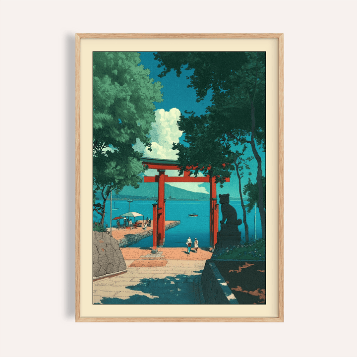 Framed print of Hasui Kawase Woodblock Style Print featuring a red torii gate by the sea with green trees and blue sky