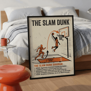 Framed slam dunk diagram art featuring orange and black illustration and text leaning on a wooden floor near a bed