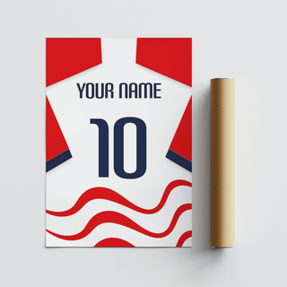 Detail close-up of football shirt poster in white with red wave pattern and rolled packaging tube