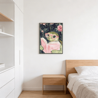 Turtle Reading Art Print of a watercolour turtle with pink glasses and book in a bedroom above a wooden bedside table