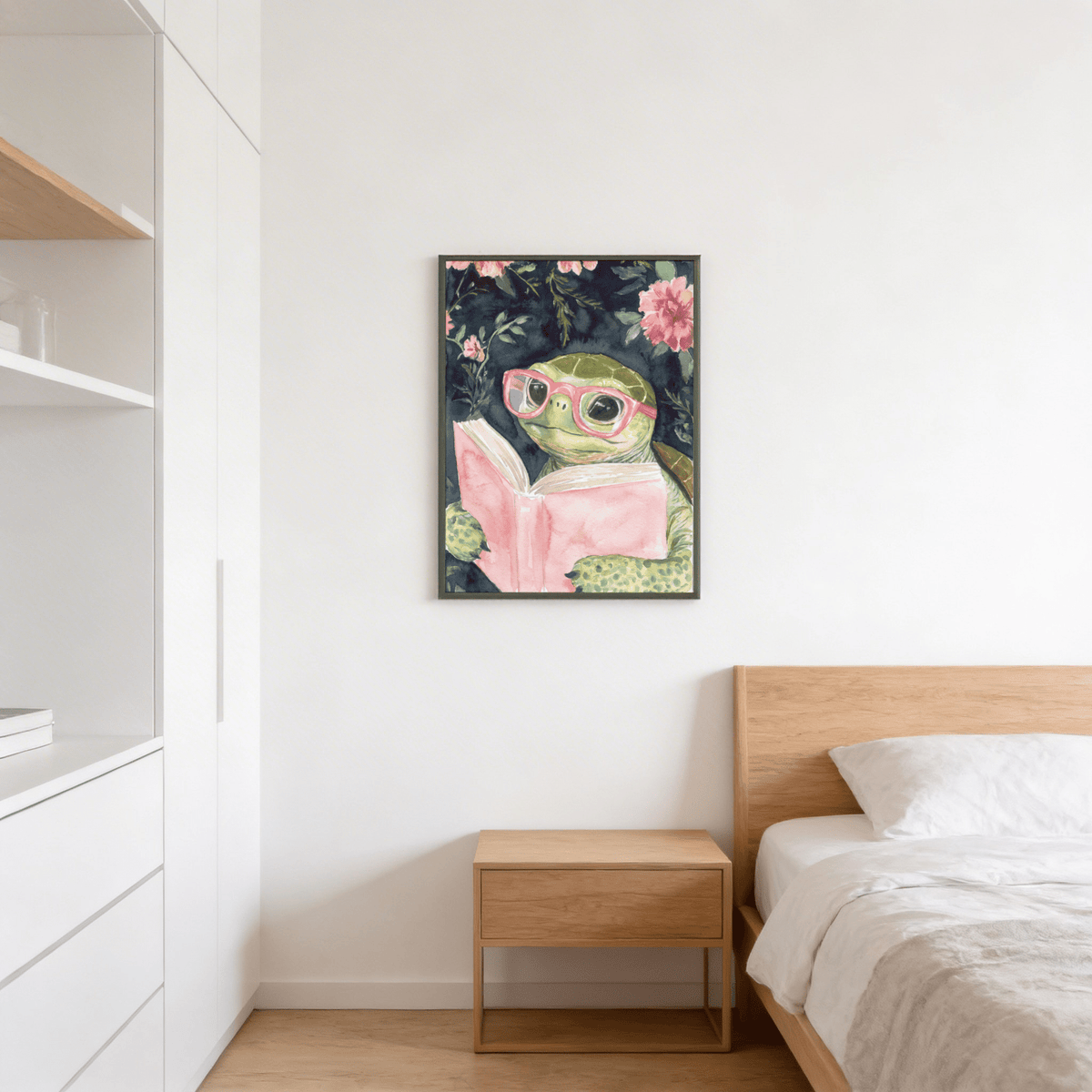 Turtle Reading Art Print of a watercolour turtle with pink glasses and book in a bedroom above a wooden bedside table