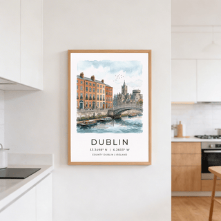 Dublin City art print of a river quay with boats and buildings in watercolour style in a kitchen